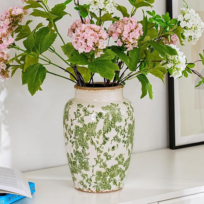 Sungmor Ceramic Flower Vase, Vintage Green Ice Cracked Glaze Porcelain Vase | Pretty Home Decor Vase for Flower Arrangement, Fresh Flowers, 10.2 Inch Tall Chinoiserie Pottery Vase, Green Floral Pattern