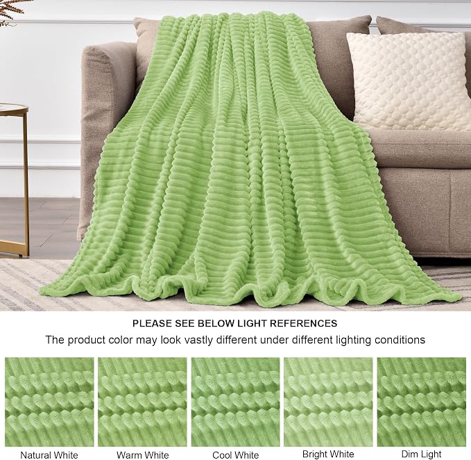 BEDELITE Ribbed Jacquard Green Fleece Twin Blanket for Bed, 60x80 Inch | Soft Warm Decorative Fluffy Blanket, Cozy Plush Lightweight Fuzzy Throw Blanket for Couch Sofa Room Decor, Gift for Women