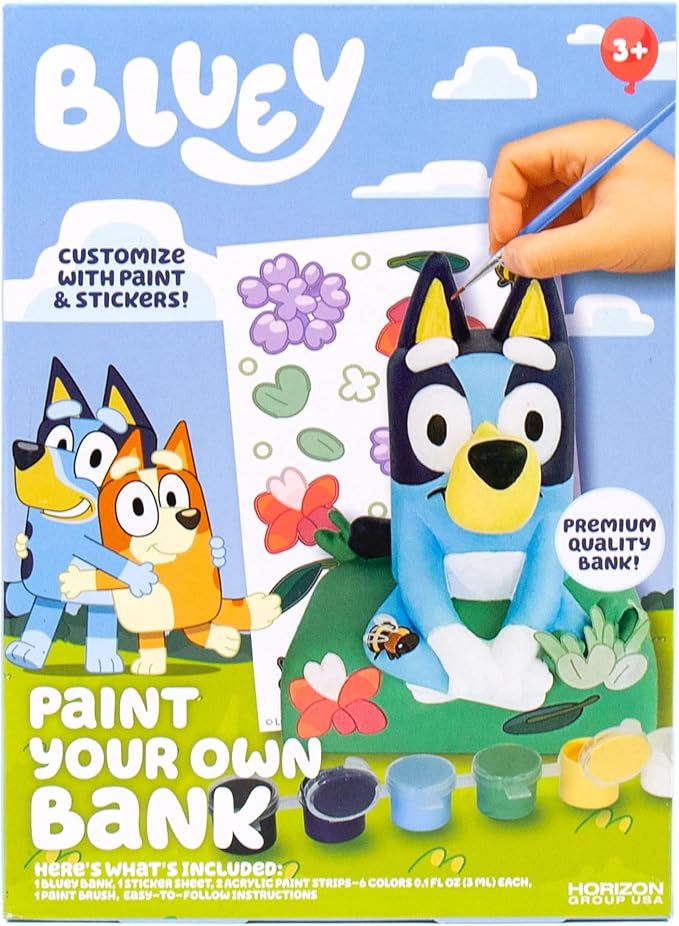 Bluey Paint Your Own Piggy Bank, Includes 6 Paints, Vinyl Stickers, Craft for Kids, Great Gift Birthday Party, Toy Figures, Paintable Toys for Toddlers 1-3