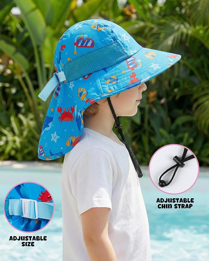 Toddler Baby Sun Hat Kids Summer Beach Essentials Adjustable Beach Hats with Bucket Wide Brim for Boys Girls Age 0-14 Years