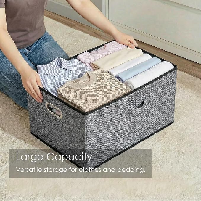 Storage Bins with Lids [3-Pack] Linen Fabric Foldable Storage Boxes Organizer Containers Baskets Cube with Cover for Bedroom Closet Office Grey(23.4X15.9X11.4)