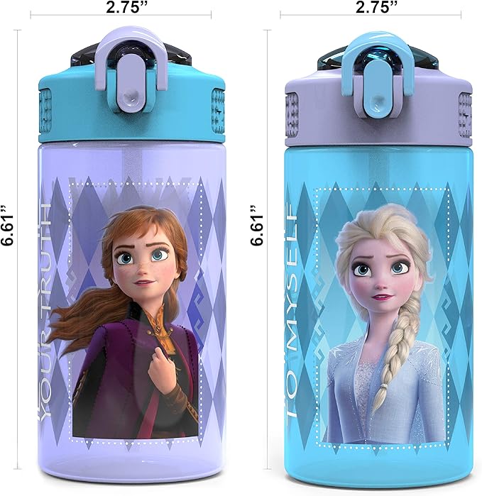 Zak Designs Disney Frozen 2 Kids Water Bottle with Spout Cover and Carrying Loop, Durable Plastic, Leak-Proof Water Bottle Design for Travel (16 oz, 2-Pack, Non-BPA, Elsa & Anna)