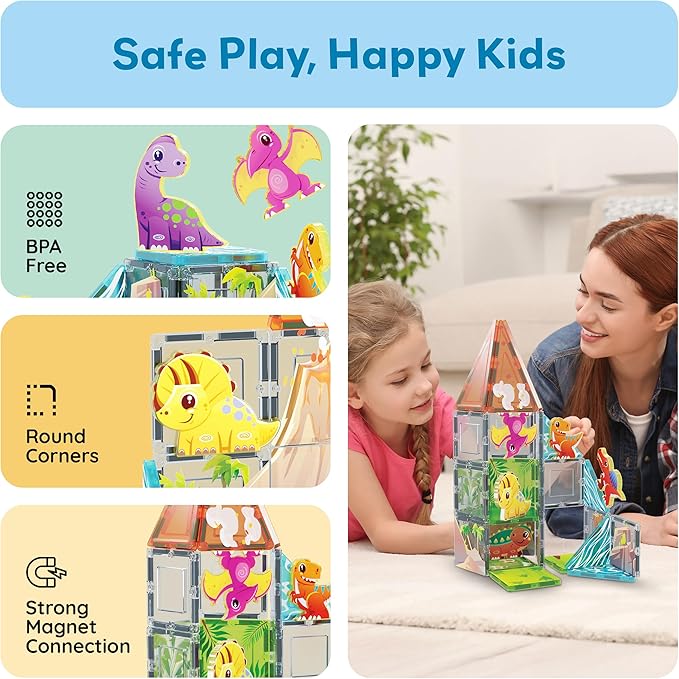 PicassoTiles 38pcs Magnet Tiles Building Blocks Dinosaur Theme Set with 8 Magnetized Action Figures Magnetic Construction Build and Play Toy with Magnets STEM Learning Activities for Toddlers 3+ PTQ13