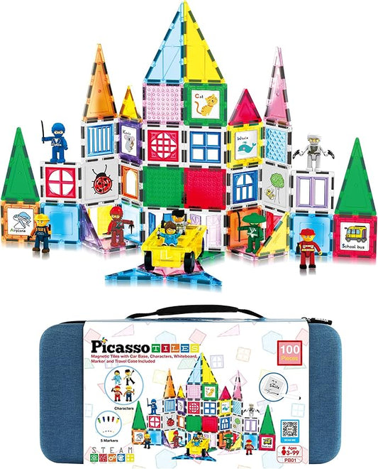 PicassoTiles 100pc Magnet Tile Construction Building Block Set with Carry Case Car Base Magnetic 8pc Characters Whiteboard Markers Idea Book Magnetized Toy Kit Playset Kids STEM Learning Age 3+ PB01