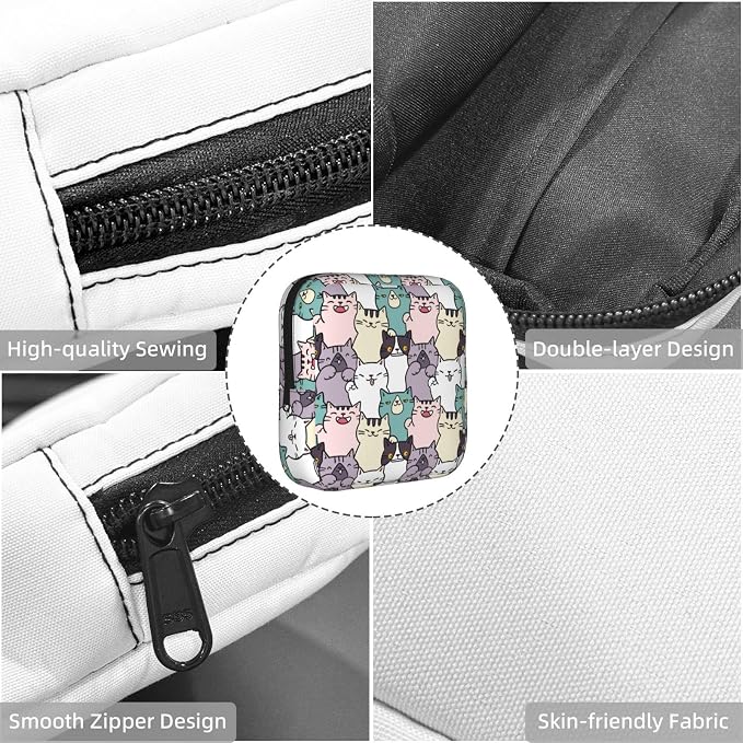 Cute Cartoon Cat Cats Kitty Kitten Kitties Period Bag For Women,Portable Sanitary Napkin Period Pad Pouch For Purse, Small Make Up Bags