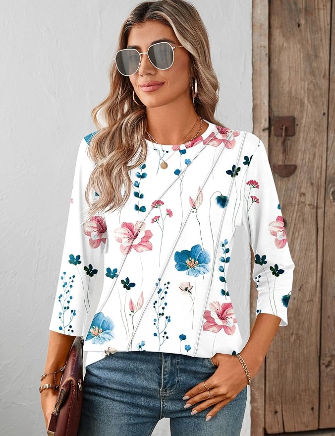 LOMON 3/4 Length Sleeve Womens Tops Spring Summer Fashion 2026 Tops Crew Neck Pleated Shirts Tunic Top Loose Fit