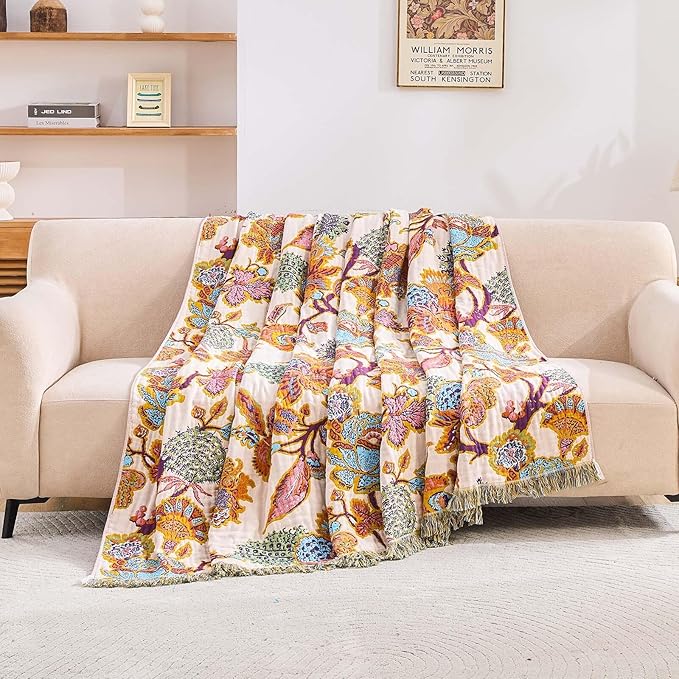 XIBLC Boho Throw Blanket for Bed, 100% Cotton Soft Rustic Quilt Fall Blanket, 80"x90" Floral Printed Farmhouse Decor Bed Blankets, All Season Rustic Reversible Bohemian Throw Quilt