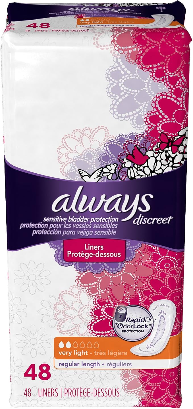 Always Discreet Incontinence Liners for Women, Very Light Absorbency, Regular Length , 144 count