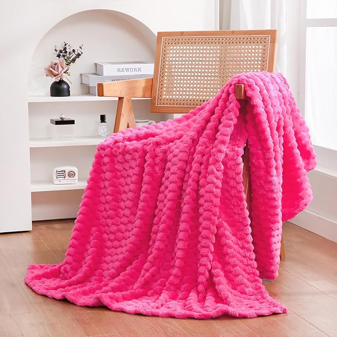 Puncuntex Hot Pink Throw Blanket 50"×60" Gifts for Mom Fuzzy 3D Jacquard | Decorative Flannel Fleece Super Soft Plush Cozy Blanket for Couch Sofa Chair Lightweight