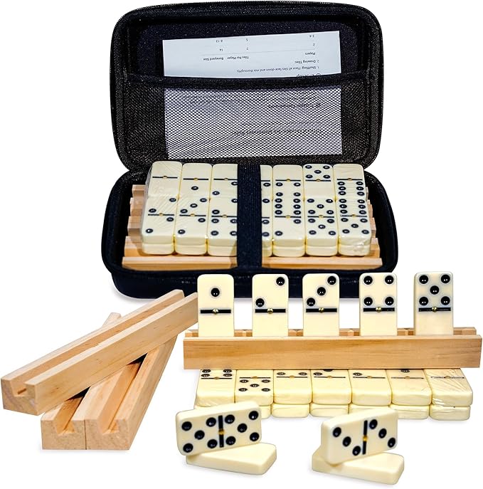 MeetYr Life Dominos Set for Adults 28 Dominos with 4 Wooden Trays, Double 6 Dominoes Trave l Case Game for Family & Parties (D6-White)