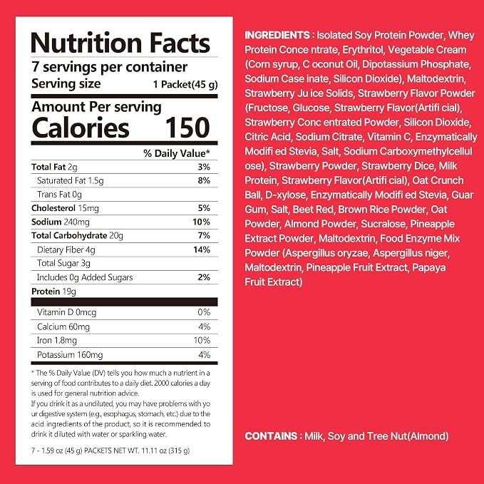 Flimeal Strawberry Protein Shake, With Crunchy Protein Balls, Protein Smoothie Powder - 19g Protein, Low Sugar, Keto-Friendly Meal Replacement Shake, 1.59oz, 7packs, 7 Servings (7 Packs X 1.59 oz)