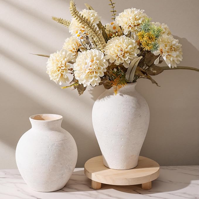 Ceramic Flower Vase Home Decor, 7.4 in Farmhouse Table Vases Rustic Vintage Living Room Kitchen Bedroom Decoration Pottery Decorative Vases for Flowers House Shelf Office Desk Dining Entryway, White