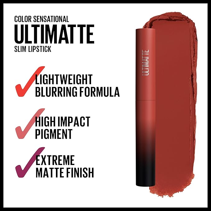 Maybelline Color Sensational Ultimatte Matte Lipstick, Non-Drying, Intense Color Pigment, More Rust, Rusty Red, 1 Count