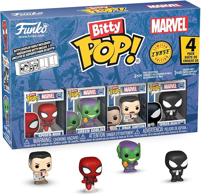 Funko Pop! Bitty: Spider-Man - Spider-Man, Green Goblin, J Jonah Jameson, and Mystery Chase Figure - 0.9 Inch (2.2 Cm) - Marvel Comics Collectable - Stackable Display Shelf Included - Gift Idea