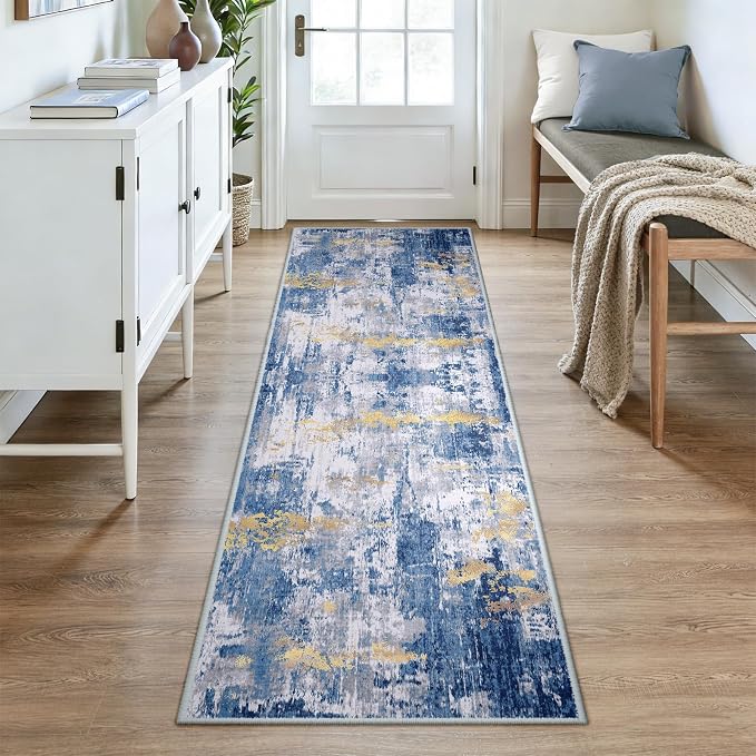 RELEANY Washable Runner 3'x8' Abstract Area Rug for Hallway Blue Gold | carpet for kitchen, entryway, bathroom, living room, bedroom, printed pattern, non-slip, soft, stain-resistant, easy to clean