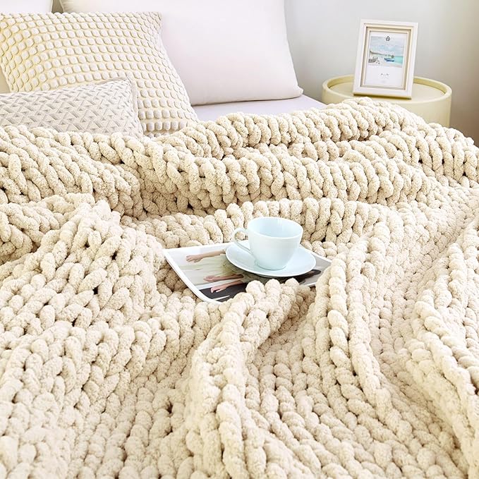 Chunky Knit Blanket Throw for Couch, 51"x63" Chunky Yarn Knitted Blankets | 100% Hand Knit Thick Chenille, Soft Breathable for Bed, Sofa, Home Decor, Cozy Gifts for Women Friends, Ivory