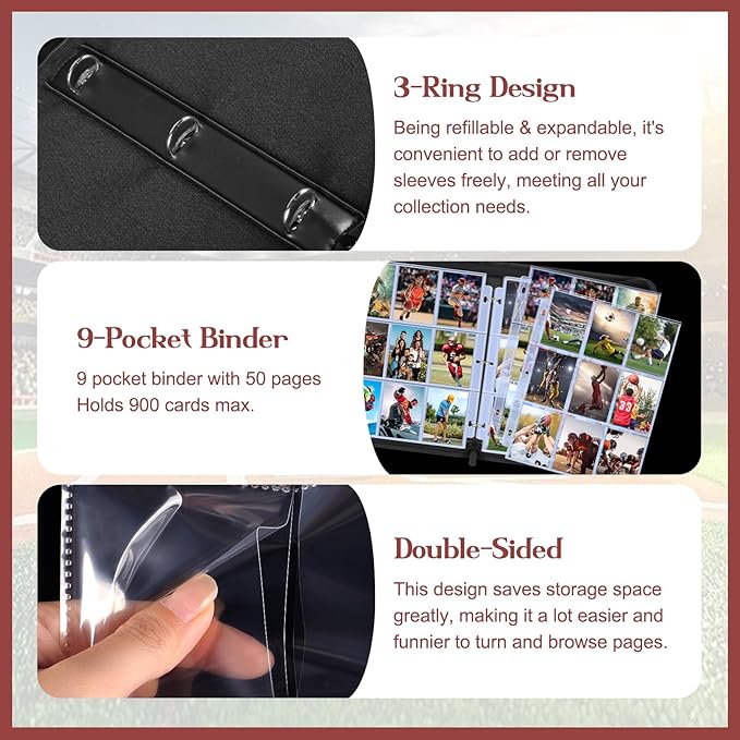 900 Pockets Football Card Binder Sleeves for Trading Cards, 9-Pocket Football Card Sleeves Album Holder Protectors for Basketball Baseball Sports Cards