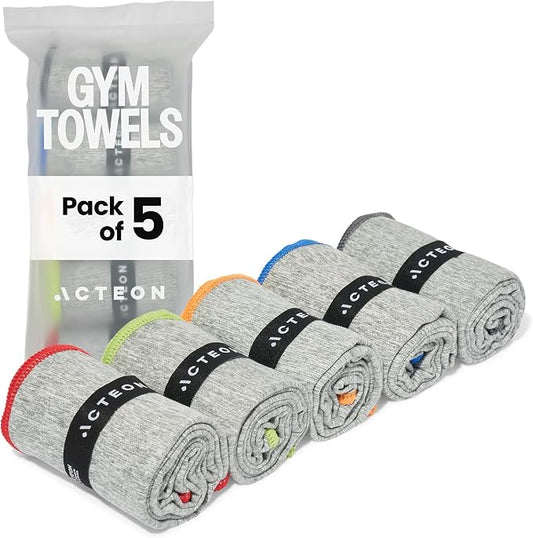 Acteon Microfiber Gym Towels 5 Pack, Quick Dry Silver ION Odor-Free Sweat Towel, Super Absorbent Fast Drying for Men & Women, Workout, Yoga, Running, Hiking, Travel – 16x30.5 Inch