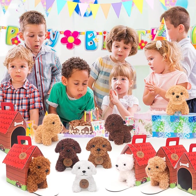 12 Pcs Mini Plush Puppy Stuffed Dogs with Keychain, Adopt A Pet Dog Party Favors Goodie Bags, Animals Bulk Gift Toys with Carton Dog House for Birthday Party Supplies