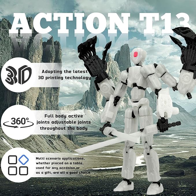 T13 Action Figure Assembly Completed, T13 Multi-Jointed Movable Robot Action Figure Set,Collectors Desktop Decorations for Game Lovers Toys (White Luminous Blue, 5.5IN)