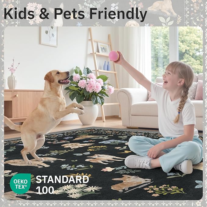 Soalmost Dog 8x10 Area Rugs for Living Room, Washable Animal Soft Rug Black | Floral Vintage Non-Slip Low Pile Cute Throw Large Rugs for Classroom Bedroom Dining Room Nursery Playroom 8' x 10'