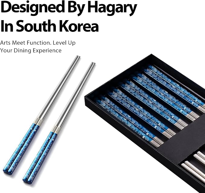 Hagary Dragon Chopsticks Metal Reusable Designed In Korea Japanese Style Stainless Steel 316 18/10 Non-Slip Dishwasher Safe Laser Etched (Blue - 5 Pairs)