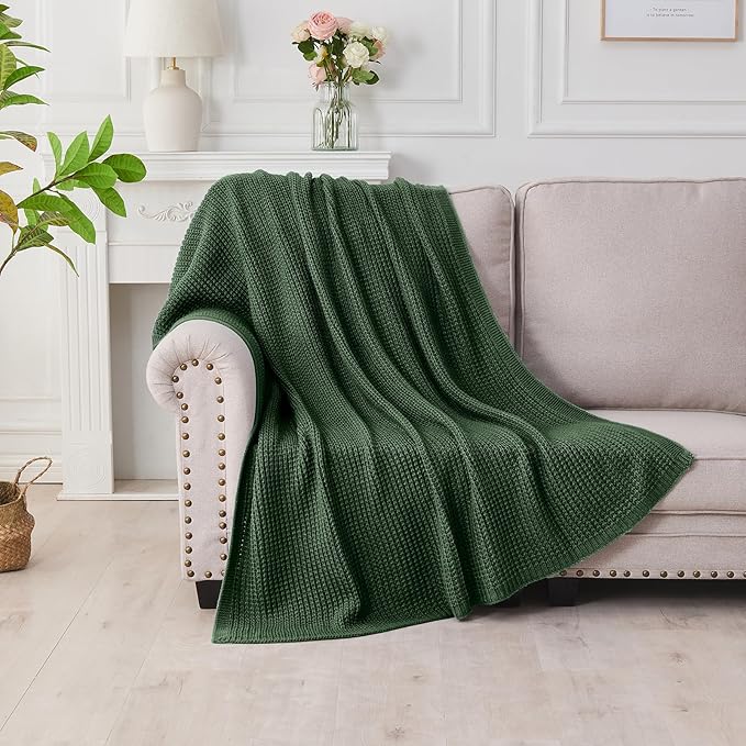 Douceur Christmas Green Throw Blanket for Bed, Soft Chunky Cable Knit Throw Blanket, Classic Fisherman's Rib Stitch Pattern Throw for Living Room,50"X60"