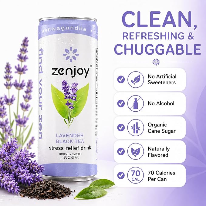 Zenjoy Adaptogen Drink Stress Relief Tea | Non Alcoholic Calming Drink w/Ashwagandha, Lemon Balm & L-Theanine for Focus | Stress Tea Calming Social Mocktail with Adaptogens (12 Pack, Lavender)