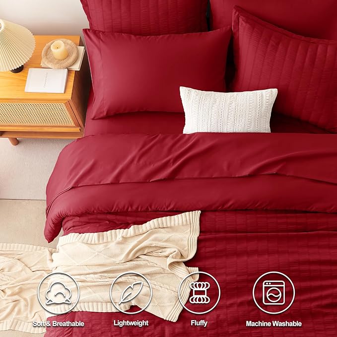 CozyLux Twin XL Comforter Set with Sheets Seersucker Dark Red 5 Pieces Bed in a Bag, Twin Extra Long Luxury Bedding Sets for College Dorm with Down Alternative Comforter, Sheets, Pillowcase & Sham