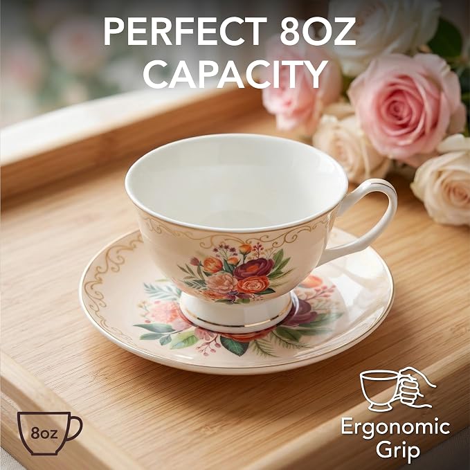 BTaT- Floral Tea Cups and Saucers, 8 oz, Fine Porcelain Teacup Set with Gold Trim for Afternoon Tea, Weddings, Parties & Gifting, Dishwasher Safe, Lightweight, Non-Toxic, Set of 6
