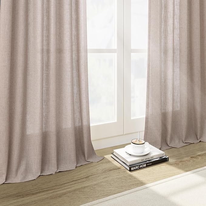 Nanspring Oatmeal Linen Curtains 63 Inches Length 2 Panels Set for Living Room Back Tab Pocket Light Filtering Semi Sheer Drapes Modern Farmhouse Boho Cotton Linen Textured Window Curtain 52X63