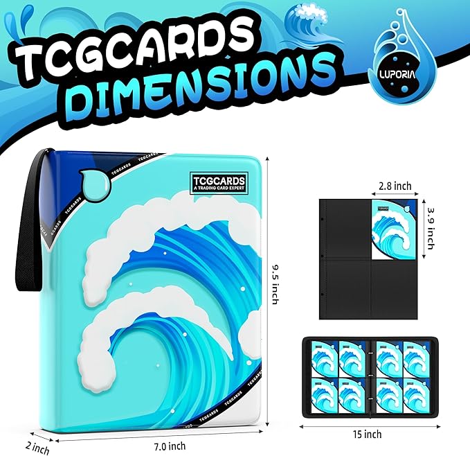 Trading Card Binder 4 Pocket,400 Pocket Card Collection Binder with 50 Removable Sleeves,PU Waterproof Top Card Book,3-Ring Zipper Collectible Trading Card Album for MTG/TCG/Card Holder Gift（Water）