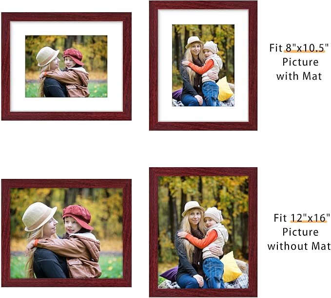 Picrit 12x16 Picture Frame Set of 12, Display 8.5x11 with Mat or 12x16 without Mat, Photo Frames for Wall Mounting Display, Dark Red Wood