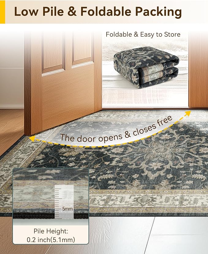 RELEANY Area Rugs Large 9'x12' Washable Non-Slip, Floral Vintage Distress Medallion Carpet for Living Room Bedroom Dining Room, Vintage Black Brown Neutral