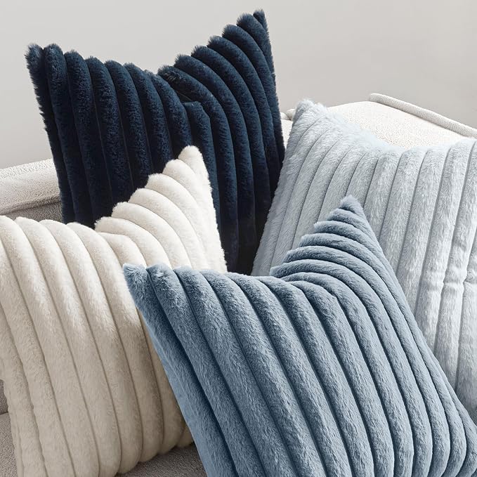 MIULEE Faux Fur Plush Decorative Throw Pillow Covers 18x18, Navy Blue | Set of 4, Striped, Soft Coastal Modern Cozy Home Decor, Cushion Cases for Sofa Couch Bed Living Room