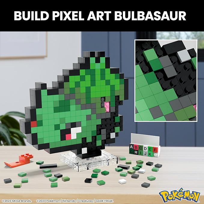 Mega Pokémon Bisasam Retro Look - 15 cm Buildable with Pixel Art Stones - Includes Wall Mounted Base for Adult Lovers and Collectors, HTH75