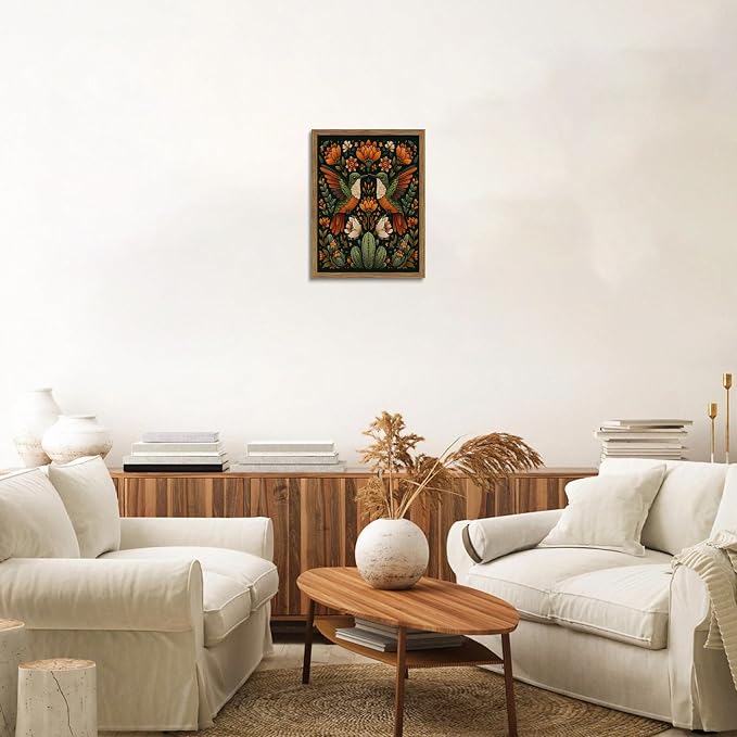 Framed Mexican Hummingbird Wall Art, Vintage Birds Animal Canvas Wall Decor Painting, Colorful Floral Cactus Botanical Poster Print Picture for Living Room Bedroom Bathroom 12x16 Inch