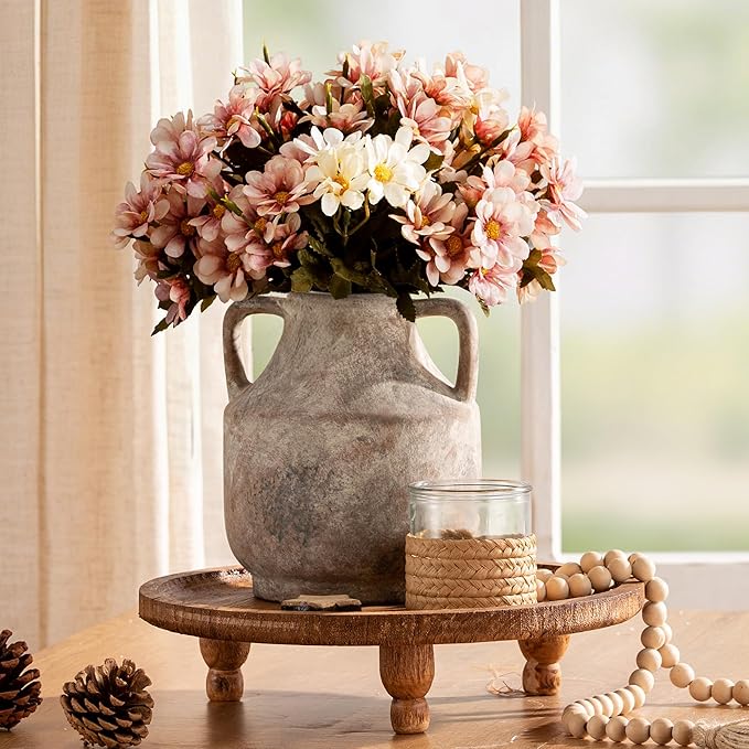 Mitt&Ditt Ceramic Flower Vase with Handles, 8 inch Tall Off-White Vase, Decorative Terracotta Vases, Farmhouse Rustic Pottery Vases for Home Decor, Living Room, Table