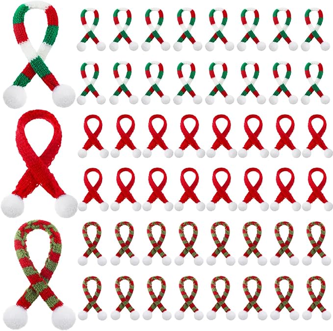 Bencailor 48 Pieces Mini Christmas Scarves for Craft Tiny Snowman Scarves 7.9 x 0.6 Inch Xmas Pet Knitted Scarf Doll Snowman Wine Bottle Scarf Accessory Holiday Christmas Decor for DIY (Red Green)