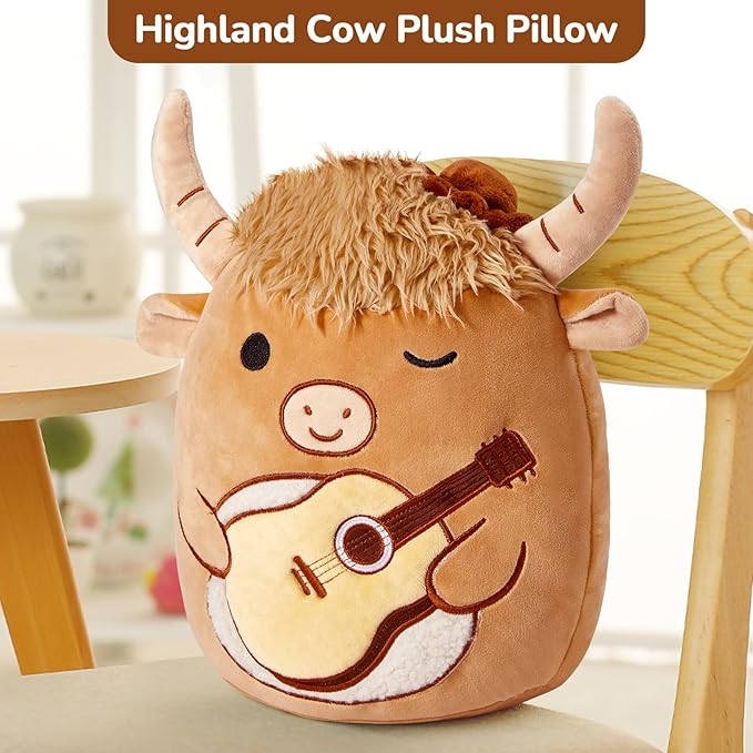Glow Guards 12'' Highland Cow Plush Pillow Cute Highland Cow Stuffed Animal Holding Guitar Soft Plush Toy Birthday Gift for Boys Girls Kids