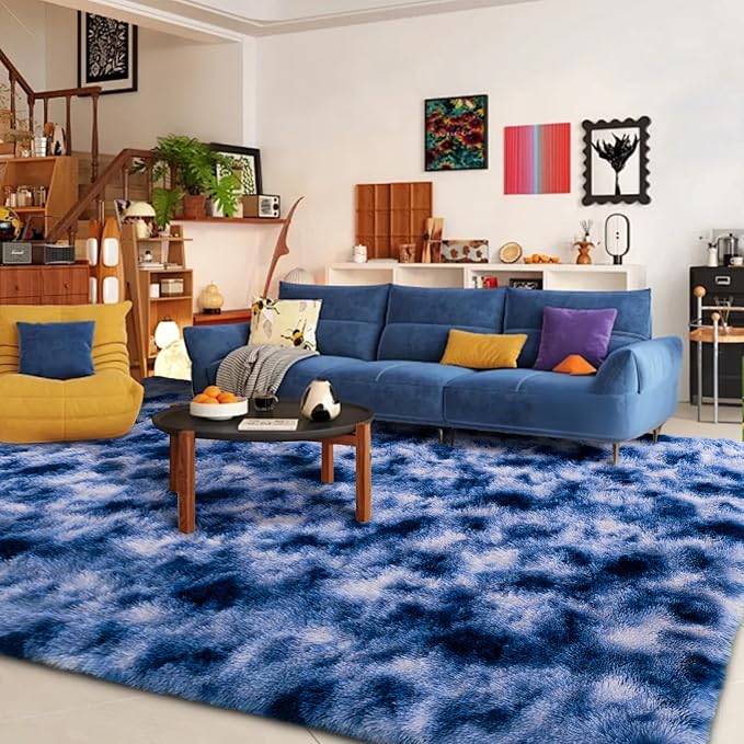 5x7 ft Fuzzy Rug for Living Room Soft Fluffy Blue White Bedroom Area Rugs Non-Slip Shaggy Carpet for Nursery Kids PlayRoom Dorm Office Indoor Modern Plush Carpets