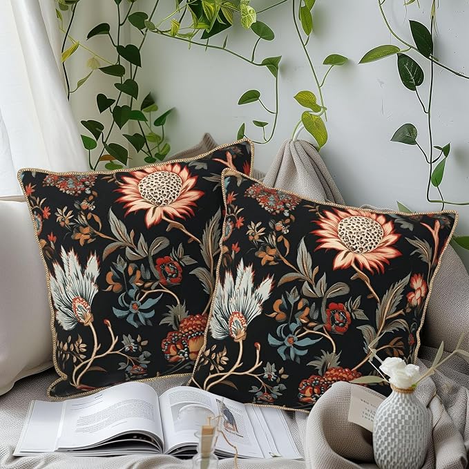 Vintage Red Orange Blue Floral Velvet Pillow Covers 20x20 Inch Retro Abstract Boho Flowers Throw Pillows For Couch Cushion Covers Pillowcase Bohemian Farmhouse Pillow Cases for Sofa Bed Bedroom