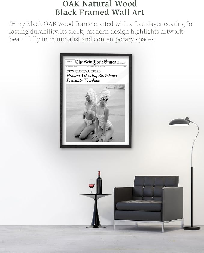 iHery 12x16in Funny Beach Girls Black Framed Newspaper Wall Art | Premium Black Natural OAK Wood Frame with Canvas Print, Retro Magazine Decor for Bathroom Bedroom Dorm, Living Room 1Pack