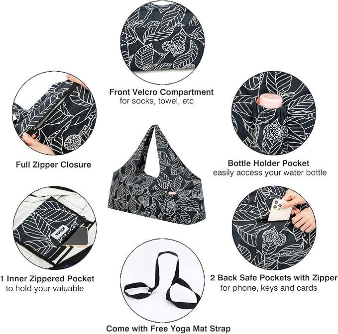 KUAK Extra Large Yoga Mat Bag with Zippered Top & 5 Pockets - Premium Canvas Tote with Yoga Mat Carrying Strap for Pilates, Gym, Fitness Block & Gear