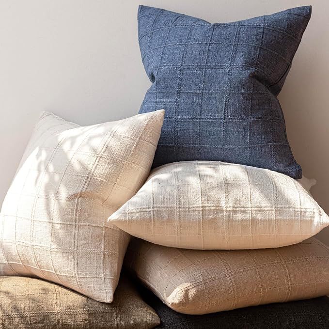 Foindtower Set of 2 Decorative Linen Check Throw Pillow Covers Neutral Farmhouse Vintage Cushion Covers Modern Coastal Boho Home Decor for Sofa Chair Couch Bedroom Living Room,20×20 Inch,Blue