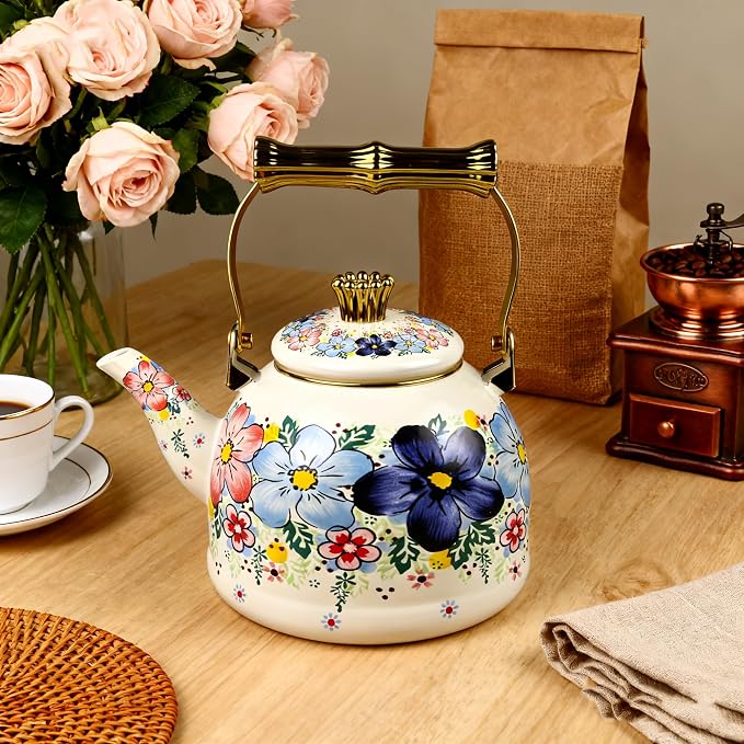 Floral Enamel Tea Kettle Bohemian Blue Flowers Stovetop Teapot 2.5L Coffee Hot Water Kettles with Gold Handle Vintage Kitchen Decor Christmas Gift