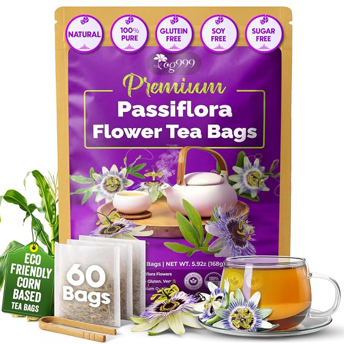 TOG999, Premium 60 Pasiflora Pasion Flower Tea Bags, 100% Natural & Pure. Herbal Tea. No Sugar, No Caffeine, No Gluten, Vegan. (60 Bags Passiflora Flower)
