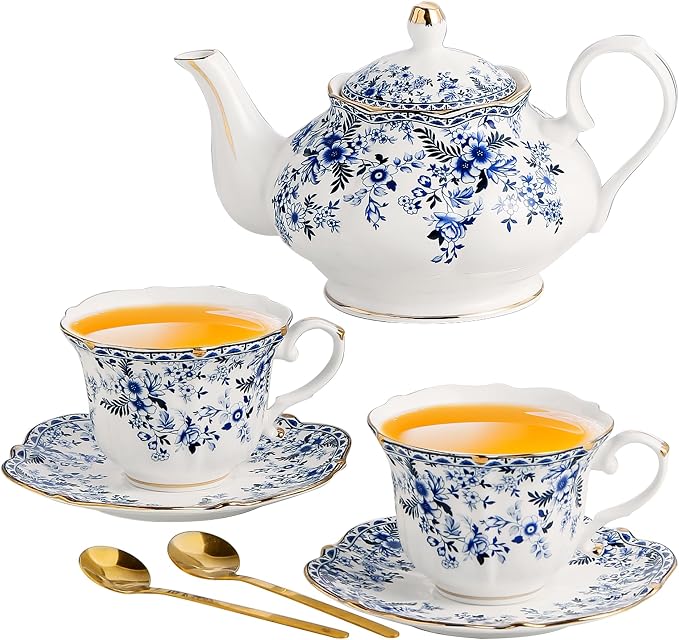 TATSUMI Country Roses Porcelain Tea Set, European Ceramic tea set for one or two,Vintage Style, For Women and Tea Parties (BLUE, 7 Pieces Set)