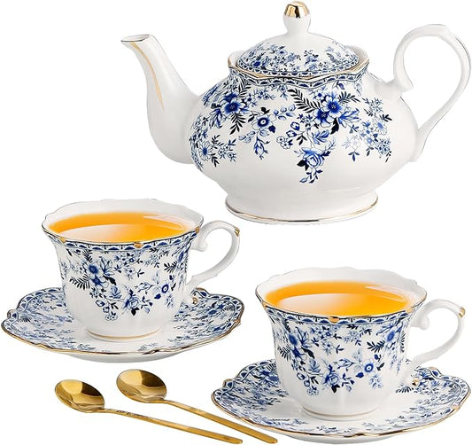 TATSUMI Country Roses Porcelain Tea Set, European Ceramic tea set for one or two,Vintage Style, For Women and Tea Parties (BLUE, 7 Pieces Set)