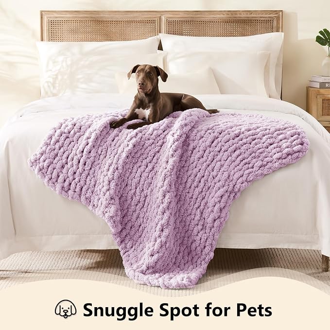 L'AGRATY Chunky Knit Throw Blanket for Couch, 40'' x 50'' Knit Throw, Purple